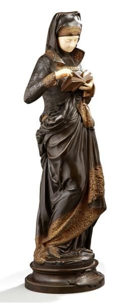 Albert Ernest Carrier-Belleuse (1824 - 1887) Liseuse Statue en chryséléphantine en...