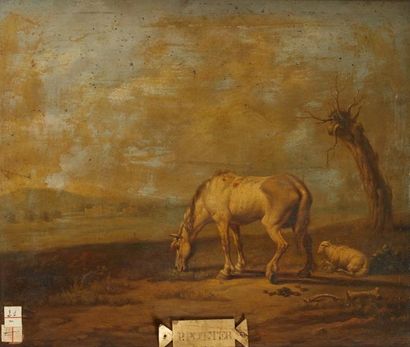 Ecole hollandaise vers 1820, d'après Paulus POTTER Le cheval gris Panneau 39 x 48...