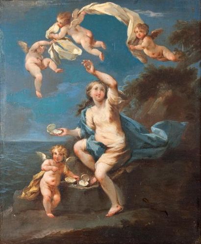 Michele ROCCA (Parme 1670 - Venise 1751) Nymphe rassemblant des perles Panneau 32,5...