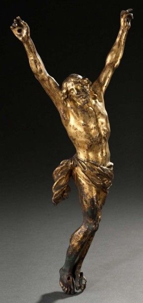 null Christ en bronze doré aux bras élevés et périzonium mouvementé France Début...