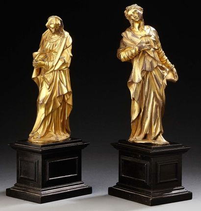 null Vierge et SAINT-JEAN en bronze doré Fin XVIIème rome Socle en bois noirci. H:...