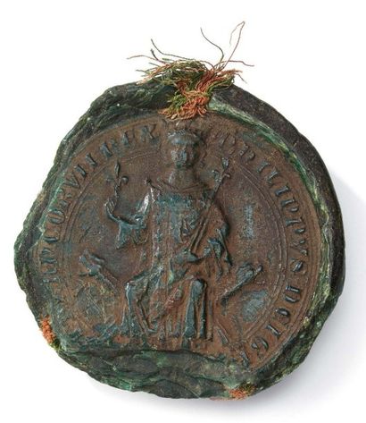 Philippe III le Hardi (1245-1285) Sceau en cire verte Av: représentation du roi de...
