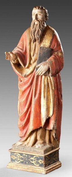 null Statuette en bois polychrome et doré figurant un apôtre tenan un lIvre de la...