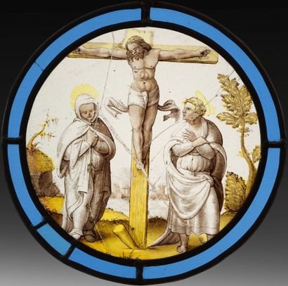 null VITRAIL
rondelle en grisaille et jaune d'argent représentant le Calvaire: le...