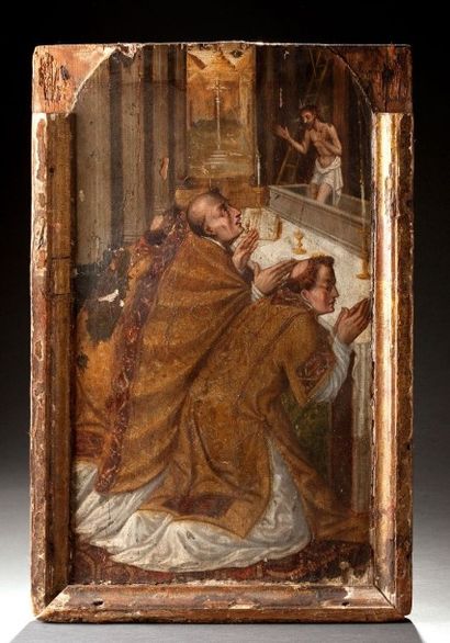 null ELEMENT DE RETABLE,
Panneau peint, représentant la messe de Saint Grégoire .
Moulure...