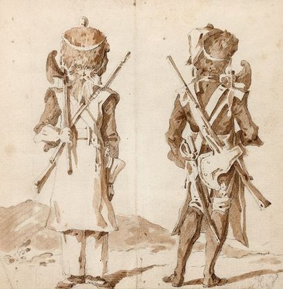 Attribué à Horace VERNET Militaires de face et de dos Dessin au lavis 14,5 x 14 ...