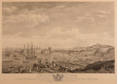 null Grande gravure d'après Vernet L'Entrée du Port de Marseille A vue 56 x 79 cm...