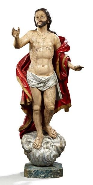 null Statue en bois sculpté et polychrome représentant l'Ascension du Christ. Travail...