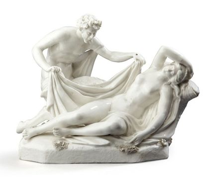 null Groupe en porcelaine émaillé blanc Bacchus et Ariane Genre de MEISSEN XIXème...