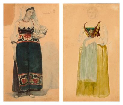 Paul BAUDRY (1828-1886) Deux études de femmes italiennes Crayon et aquarelle, portant...