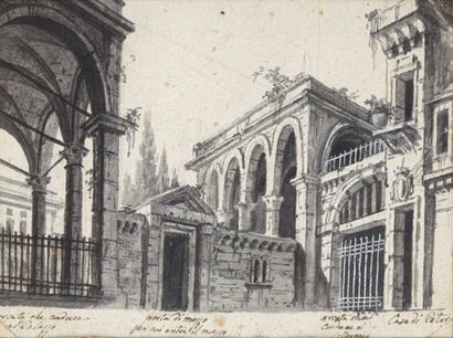 ÉCOLE ITALIENNE DU XVIIIÈME SIÈCLE Etude de palais Encre noire et lavis d'encre grise....
