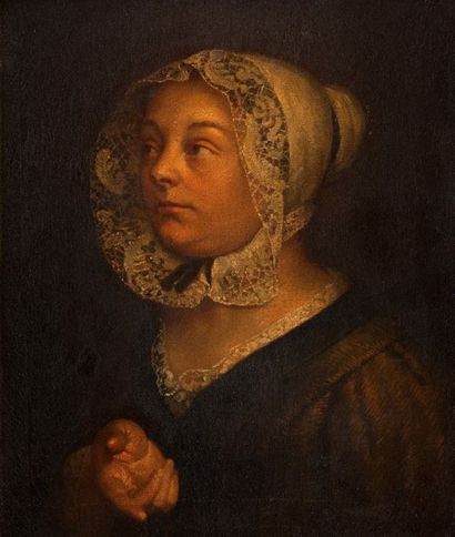 Ecole hollandaise vers 1780 Portrait de jeune femme Papier marouflé sur toile, agrandi...