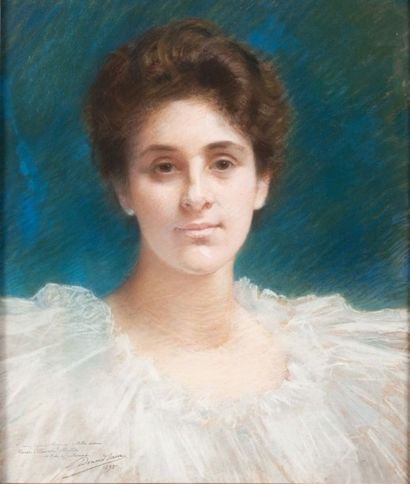 Édouard SAIN Portrait de femme à la robe d'organza Pastel Signé, dédicacé et daté...