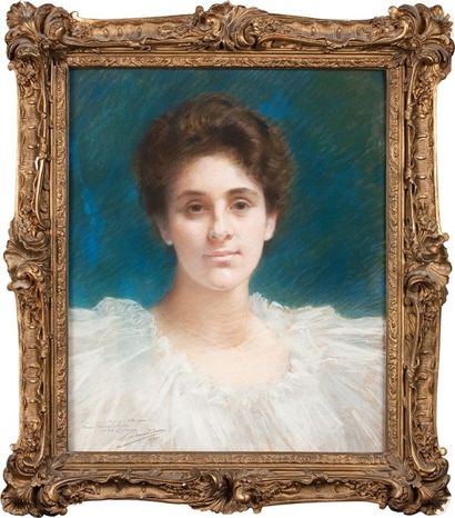 Édouard SAIN Portrait de femme à la robe d'organza Pastel Signé, dédicacé et daté...