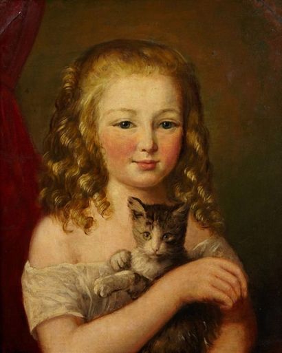 G LEDOUX Jeune fille au chat Huile sur toile 46 x 38 cm Accidents.