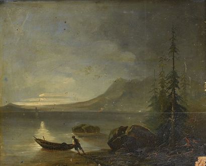 ÉCOLE FRANÇAISE VERS 1820 Pécheur poussant sa barque au clair de lune Panneau 34...