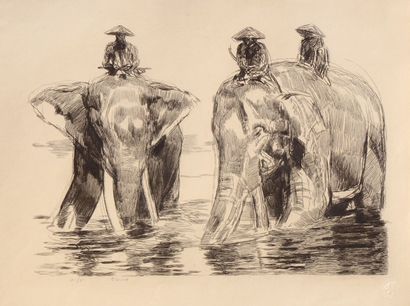 Paul JOUVE (1878-1973) «Eléphants et leur cornacs» dite aussi «Eléphants au bain...
