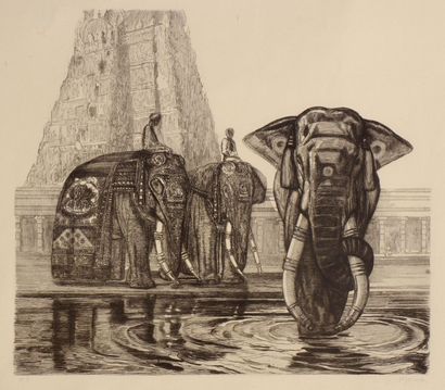 Paul JOUVE (1878-1973) «Eléphants du temple de Madura» Eau forte sur papier. Signée...