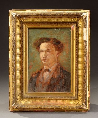Henri CROS (1840-1907) Portrait à la cire polychrome sur bois. Encadrement en bois...