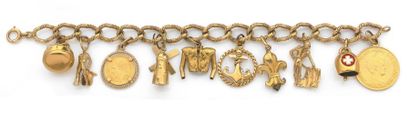 null Bracelet articulé en or jaune 18k orné de dix breloques en or ciselé en parti...