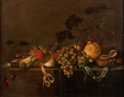 Ecole hollandaise vers 1680, suiveur de Cornelis de HEEM Nature morte aux raisins,...