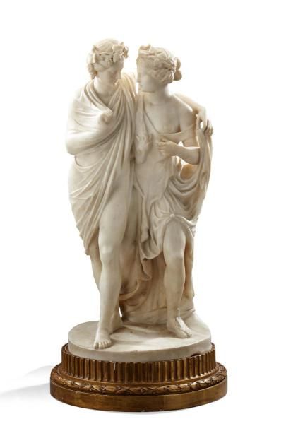D'après Canova Groupe mythologique en marbre blanc de Carrare représentant Bacchus...