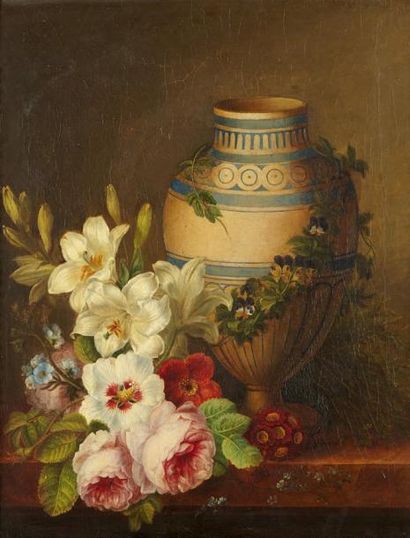 Ecole LYONNAISE vers 1830 Fleurs et vase antique Sur sa toile d'origine 46,5 x 38...