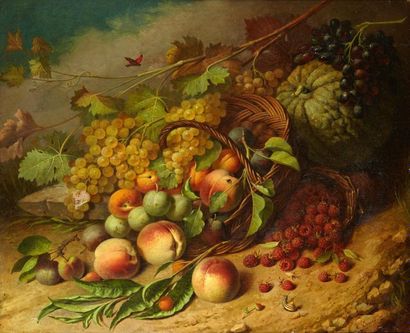 C.Devos Nature morte au panier rempli de fruits Huile sur toile signée et datée en...