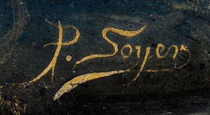 Paul SOYER (1832-1903) Plaque bombée ovale en émail en camaïeu or et grisaille sur...
