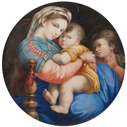 Ecole Italienne du XIXe siècle Fine aquarelle représentant la sainte famille. Cadre...