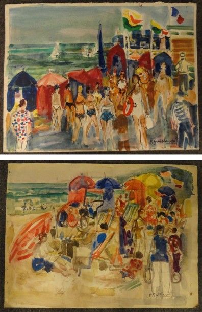 Pierre GAILLARDOT (1910-2002) Plage Deauville, 1980 Aquarelle Signé en bas à droite...