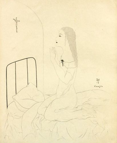 Tsuguharu Léonard FOUJITA (1886-1968) Femme en prière Encre, signée au centre à droite...