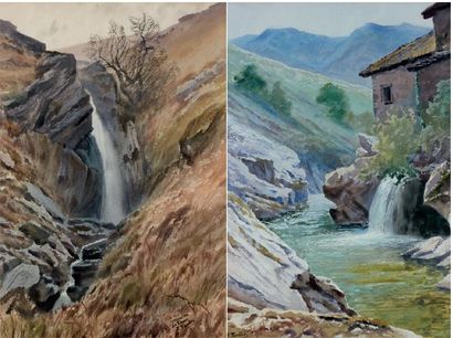 Edmond FONTAN (XIXE) Rivière de montagne, Cascade vers la Rhune Paire d'aquarelles,...