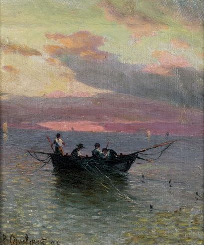 Attribué à Vladimir Donatovitch ORLOVSKY (1842-1914) Pêcheurs au coucher du soleil...