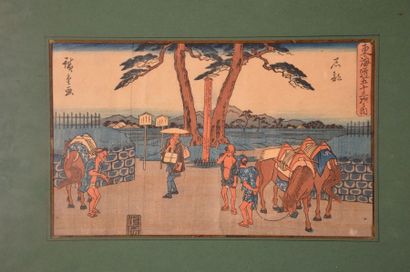 JAPON Série de trois estampes 32,5 x 21,5 cm (à vue)