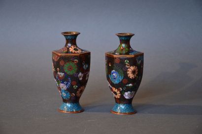 JAPON Paire de petits vases balustres hexagonaux en cuivre et bronze cloisonnés à...