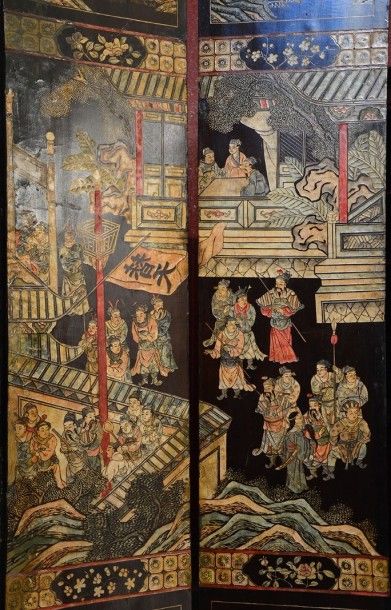 CHINE Grand paravent en laque style coromandel illustré de personnages et de pagodes...