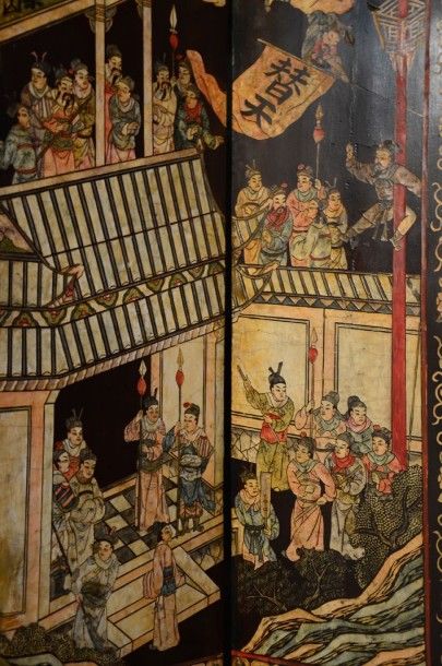 CHINE Grand paravent en laque style coromandel illustré de personnages et de pagodes...