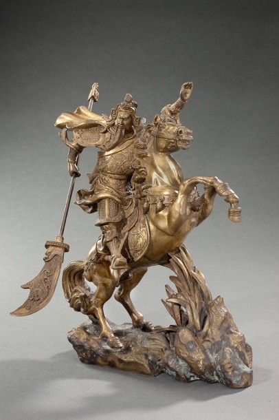 null Guerrier des Royaumes combattants en bronze, chevauchant un cheval cabré sur...
