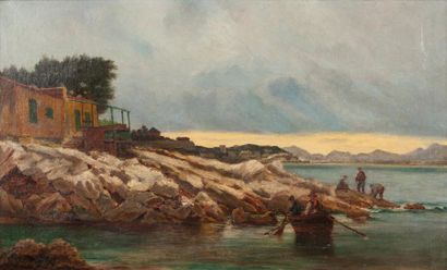 Raphaël PONSON (1835-1904) Les pêcheurs Huile sur toile, signée en bas à gauche 38...