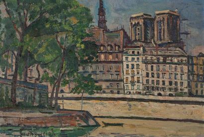 Nathan GRUNSWEIGH (né en 1880) Vue de Paris, bords de seine Huile sur panneau, signée...