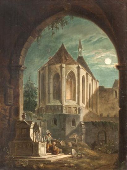 Dans le goût d'Auguste de FORBIN Cimetière au clair de lune Huile sur toile 46.5...