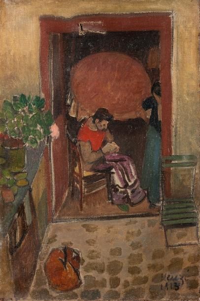 Edmond Amédée HEUZÉ (1884-1967) Scène d'intérieur, 1913 Huile sur toile, signée et...