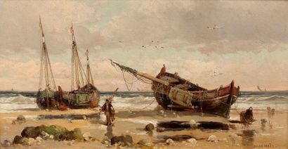 Jules Achille NOEL (1810-1881) Bateaux à marée basse Huile sur panneau, signée en...
