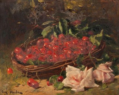 Eugène CLAUDE (1841-1922) Nature morte aux cerises et aux roses Huile sur toile,...