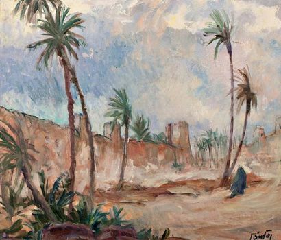 Henri Jean PONTOY (1888-1968) Vent de sable à Marrakech Huile sur isorel, signée...