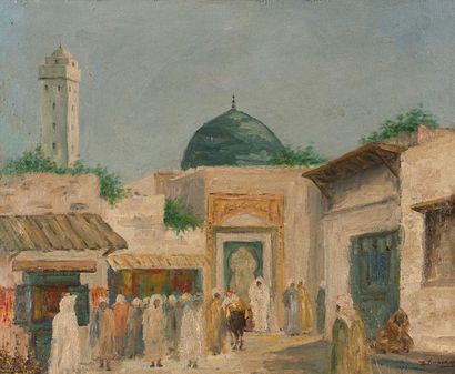 Ecole Orientaliste Scène orientaliste, vue de Tunis Huile sur toile, signée en bas...