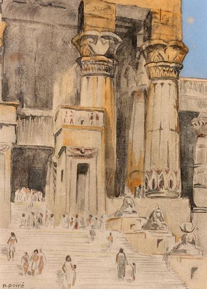 P. PEIRE Vue d'un temple egyptien Aquarelle, signée en bas à gauche 14 x 10 cm