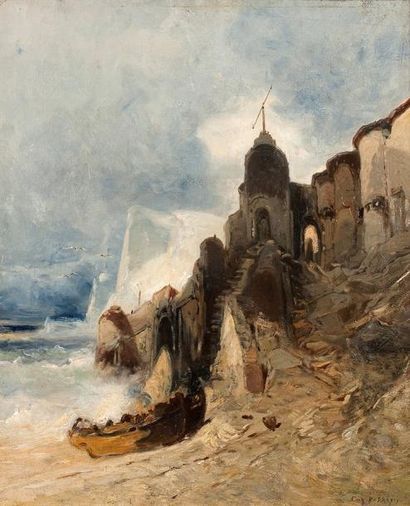 Eugène DESHAYES (1828-1890) Le petit port de pêche Huile sur toile, signée en bas...