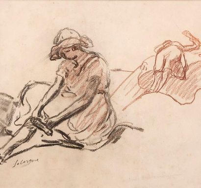 Henri LEBASQUE (1865-1937) Jeune femme assise Crayon gras et sanguine sur papier...